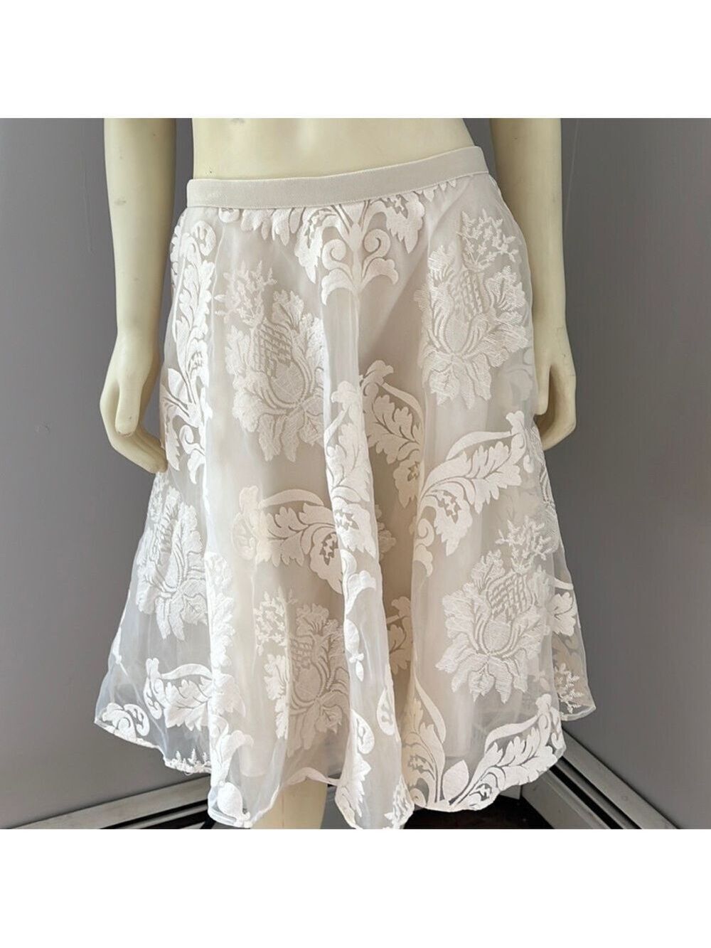 ANTHROPOLOGIE Yoana Baraschi Flare Skirt Ivory Embroidered Lace Organza Tulle 4